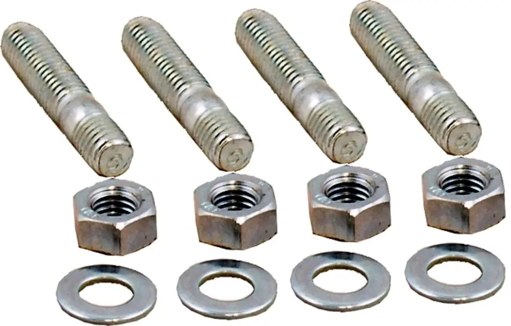 Set aus mehreren Metallstehern, Unterlegscheiben und Schrauben, geeignet für die Befestigung von Brennern. Herstellerinformation für Wolf Produkte.